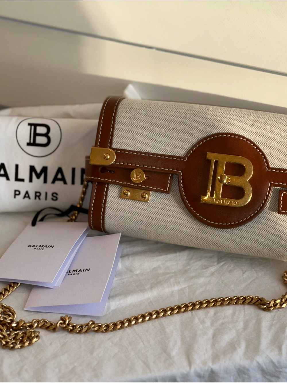 Balmain Beige Canvas and Brown Leather Crossbody with Gold Hardware